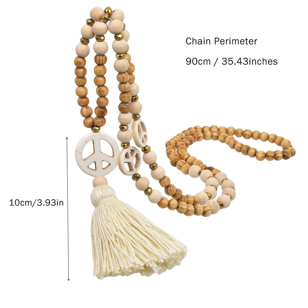 Yumfeel Tassel Long Necklace Handmade Wood Beads Stone Peaceful Pendant Women Summer Beach Dresses Necklaces