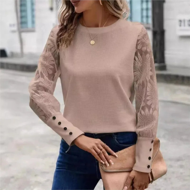 White Elegant Women's Round Neck Office Fashionable Shirt Autumn And Winter Casual Lace Cuffs Long Sleeved Button Up Blouse