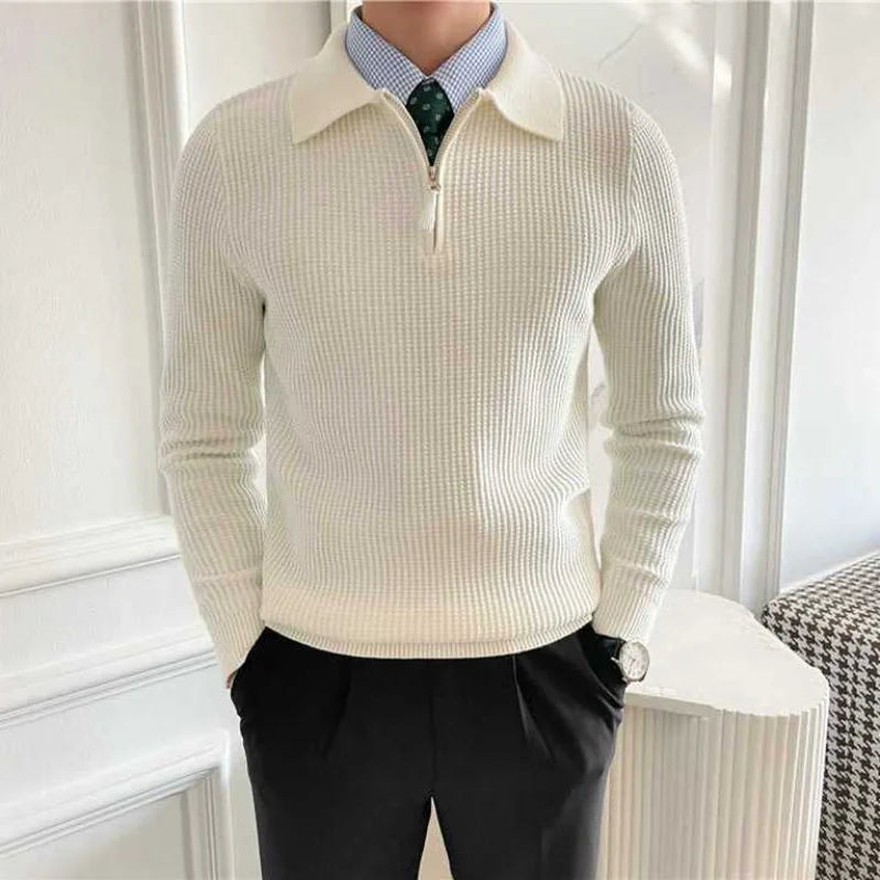 England Solid Color Polo Shirts Spring Autumn Waffle Long Sleeve Men's Clothing Polo-Neck Fashion Zipper Casual Knitted T-shirts