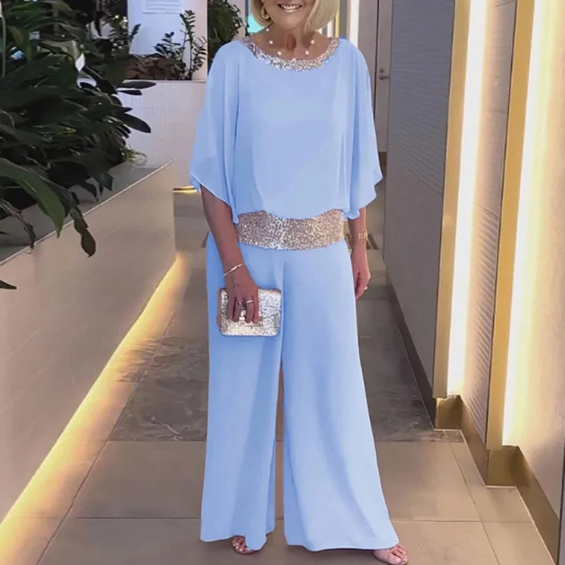 Pink Sequin Spinning Tunic Suit Women Spring O Neck Top Pullover & Wide Leg Pants Outfit Summer Batwing Sleeve Loose Chiffon Set