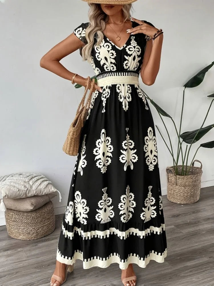 Women Elegant V Neck Short Sleeves Dresses Geometric Pattern Vacation Style Floral Print Dress Beach Sundress Size S-XXL