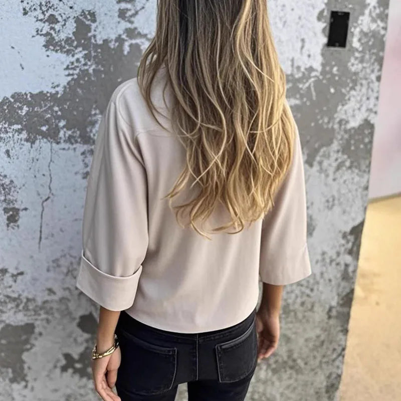 Simple Fashion Solid Cotton Linen Blouse Woman Elegant Crew Neck Button Top Pullover Autumn 3/4 Sleeve Loose Female Shirt Blusas