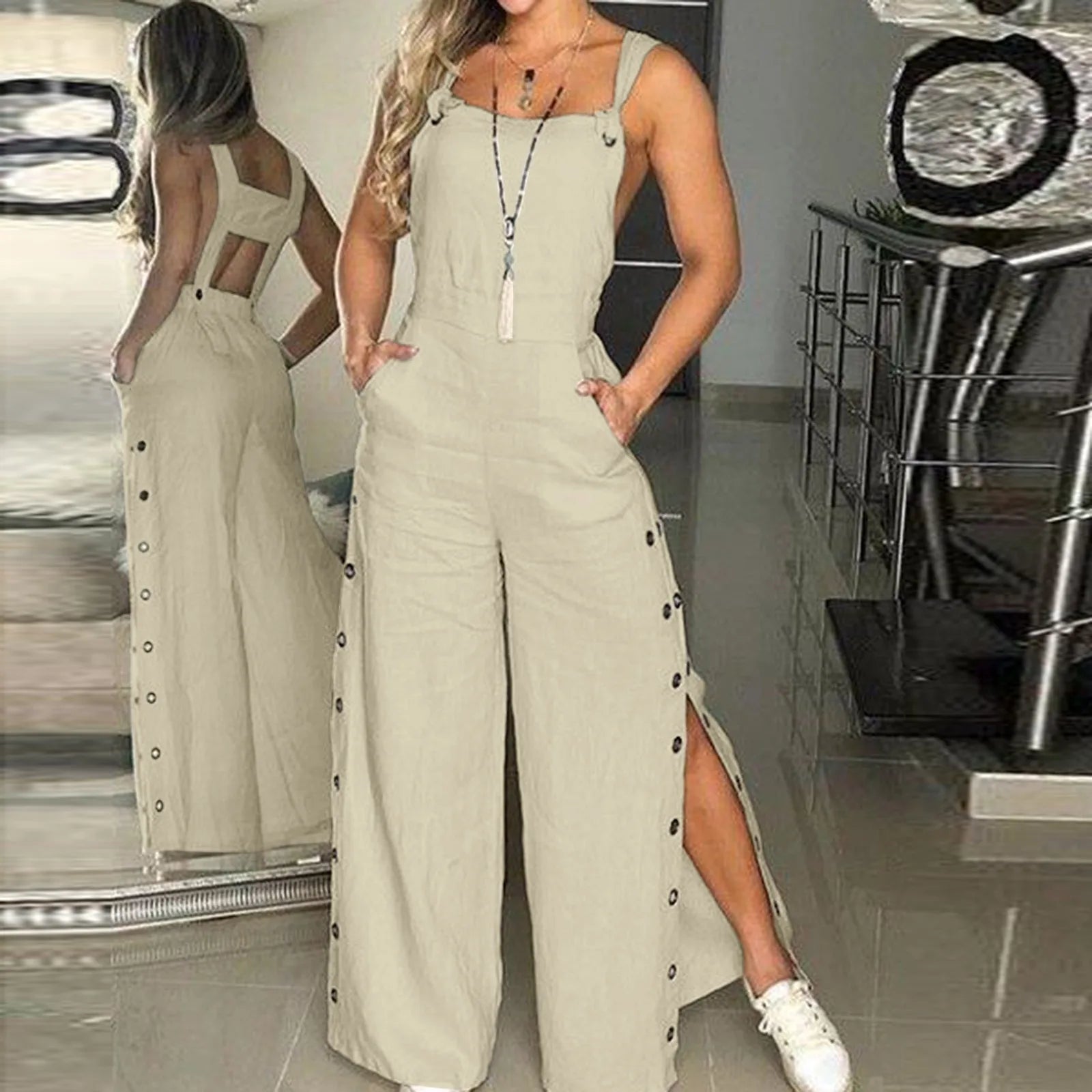 Monos de lino y algodón sin mangas para mujer, monos con apertura de botones laterales y tiras, pantalones largos sueltos de pierna ancha, monos femeninos de verano