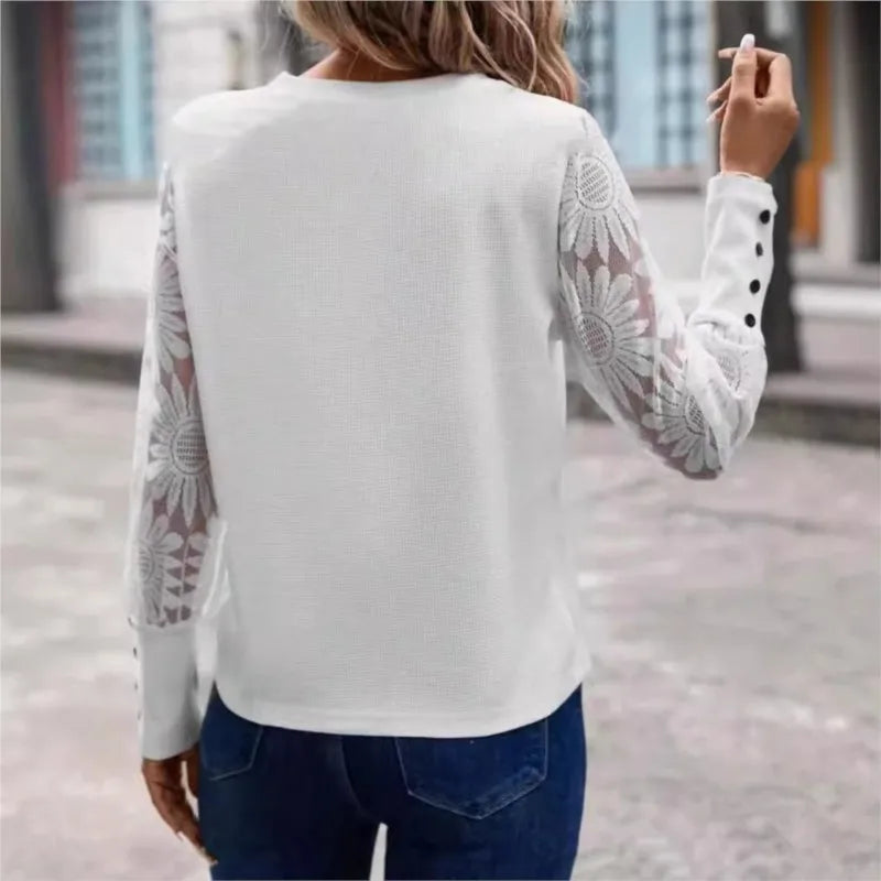 White Elegant Women's Round Neck Office Fashionable Shirt Autumn And Winter Casual Lace Cuffs Long Sleeved Button Up Blouse