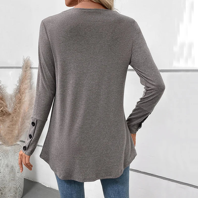 New Autumn Casual Top Mid-length V-neck Solid Color Long-sleeved T-shirt for Women