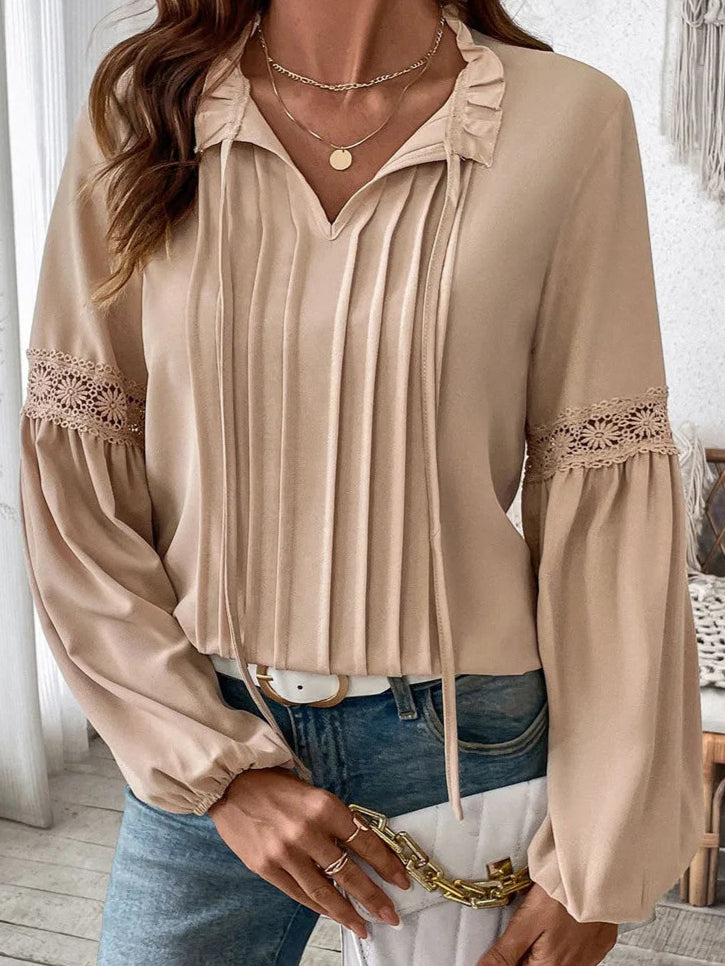 2025 Spring Khaki Casual V Neck Pullover Top Women Lantern Long Sleeve T-shirt Lady Elegant Autumn Ruffle Club Tops Clothes