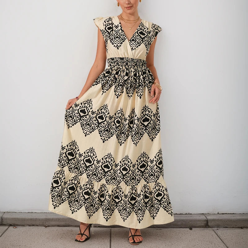 The new ethnic-style printed vacation dress with flying sleeves and a high waist is a hot sale for women in the summer of 2025