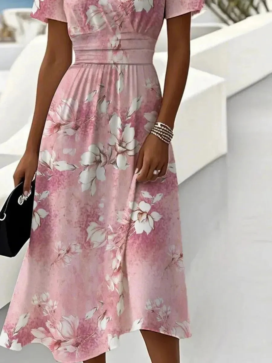 2025 Summer Fashion Women Print Dress Short Sleeve V Neck Slim Waist A-line Dress High Sweet Elegant Commuter Women Clothing