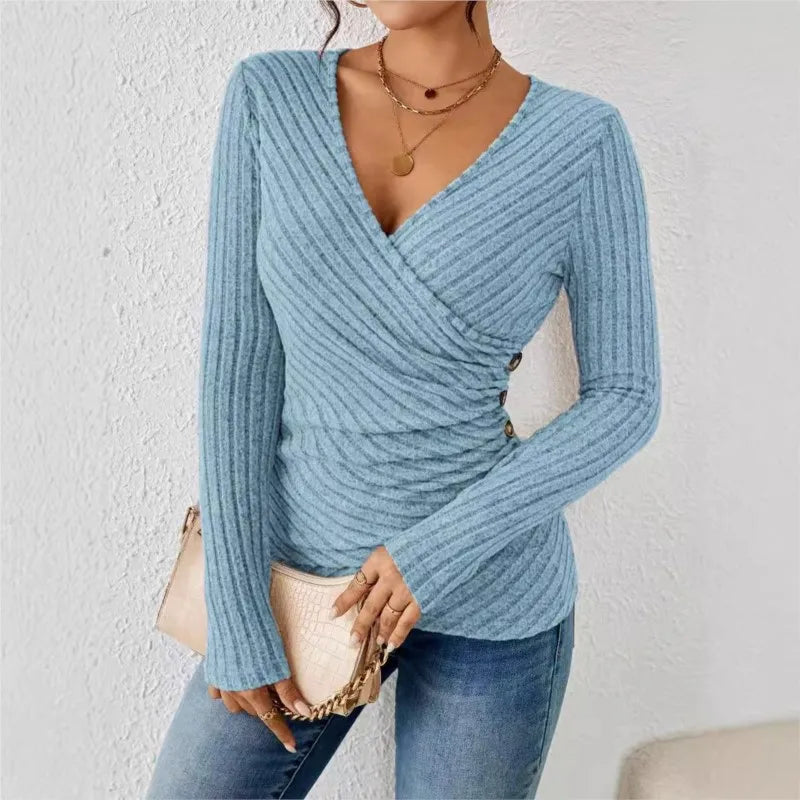 Women's Bodycon Blouses Spring Autumn New Fashion Sexy Solid Color Pit Strip Slim Long Sleeve Knitting Top For Women Casual