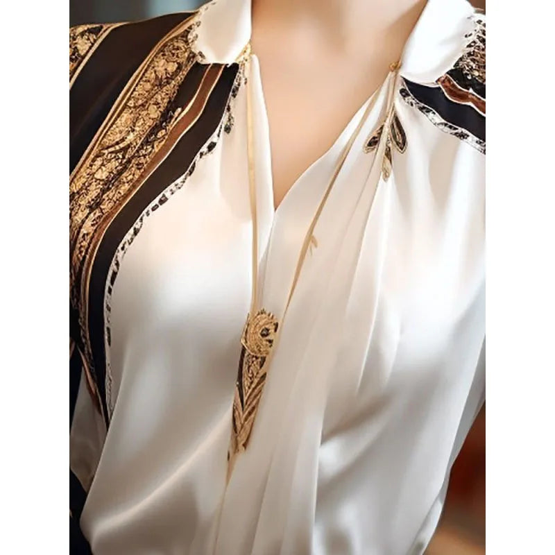 2024 Spring Autumn New Women's Elegant Simplicity Appear Thin Versatile Long Sleeve Printed V-Neck Patchwork Chiffon Tops
