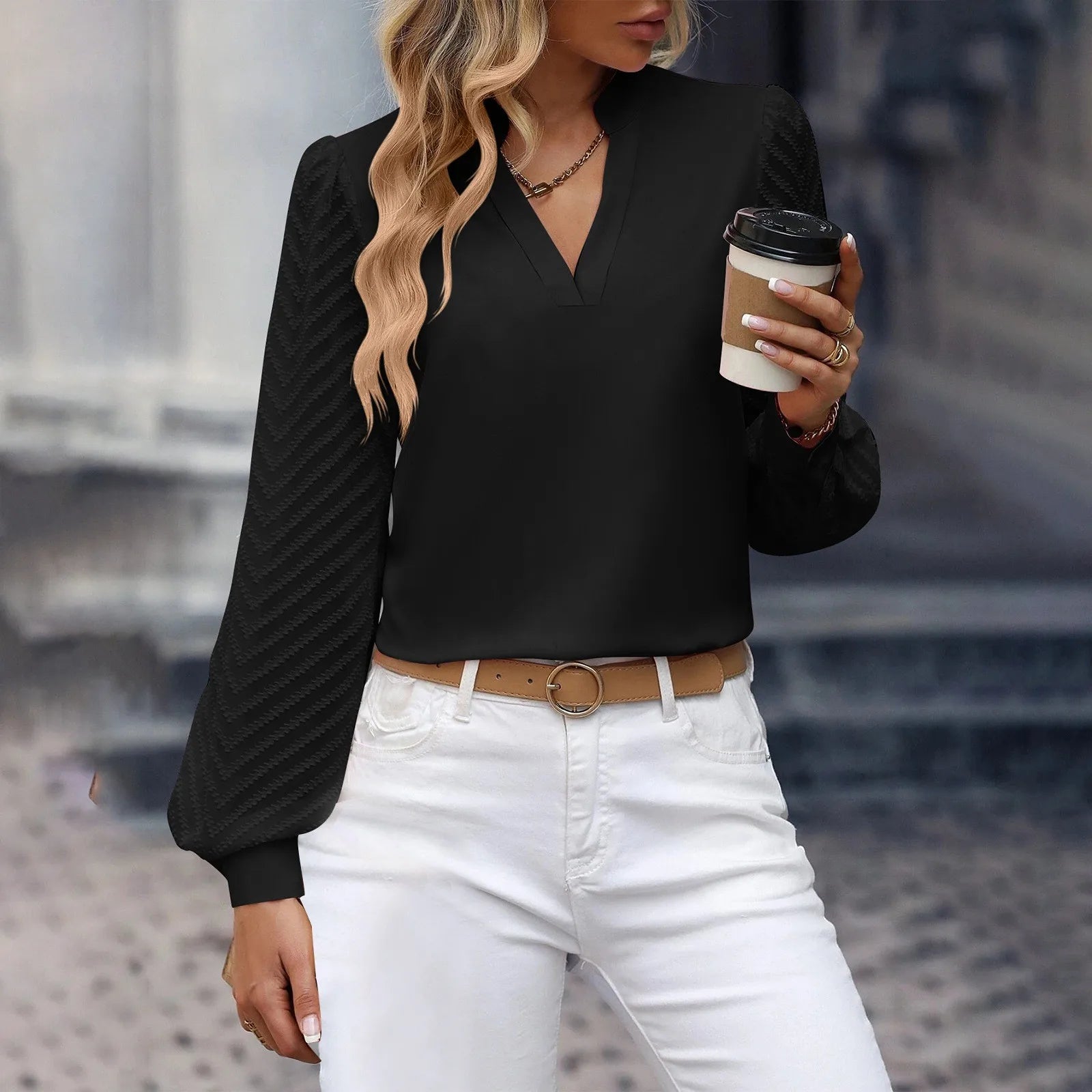 Solid Temperament Shirts for Women Women's Autumn V Neck Spliced Chiffon Long Sleeve Waved Texture Splicing Shirt for Daily Wear