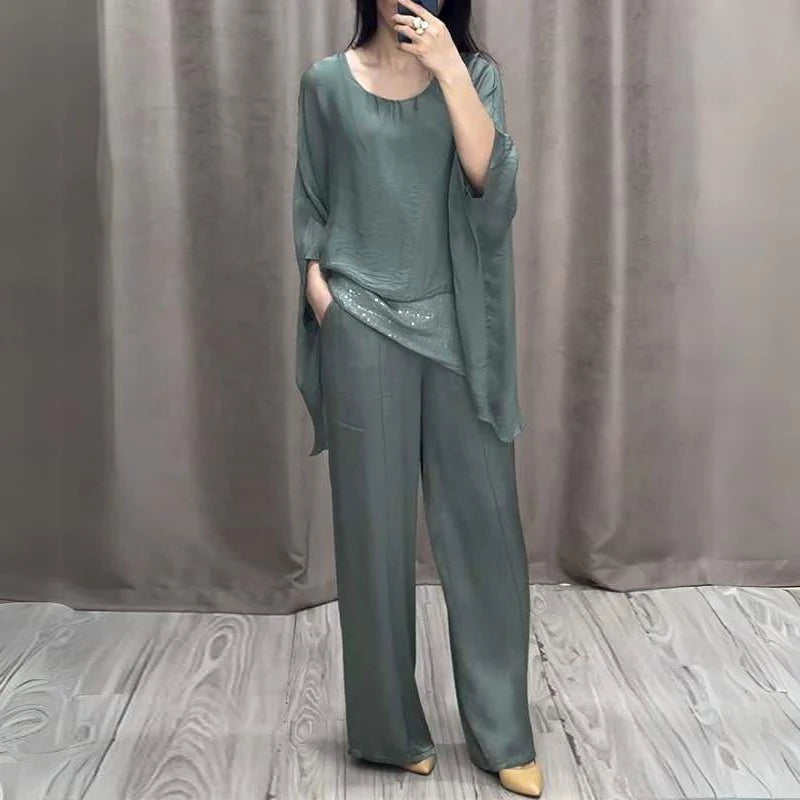 Spring Retro Patchwork Sequin Outfit Women Casual Round Neck Top Pullover & Long Pants Set Summer Batwing Sleeve Loose 2pcs Suit