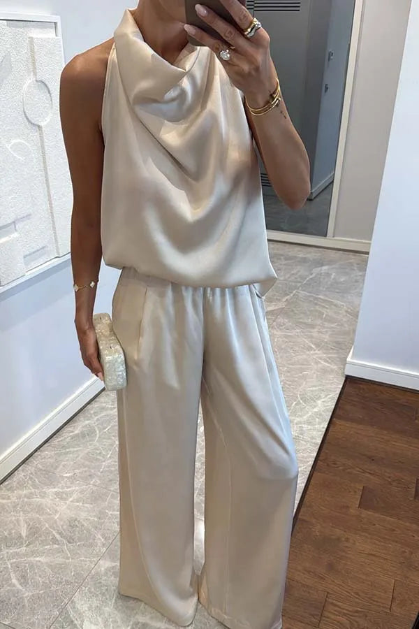 Summer Women Casual Satin Solid Color Commuting Suit Simple Loose Outfit Fashion O-neck Sleeveless Top and Long Pants 2pcs Set