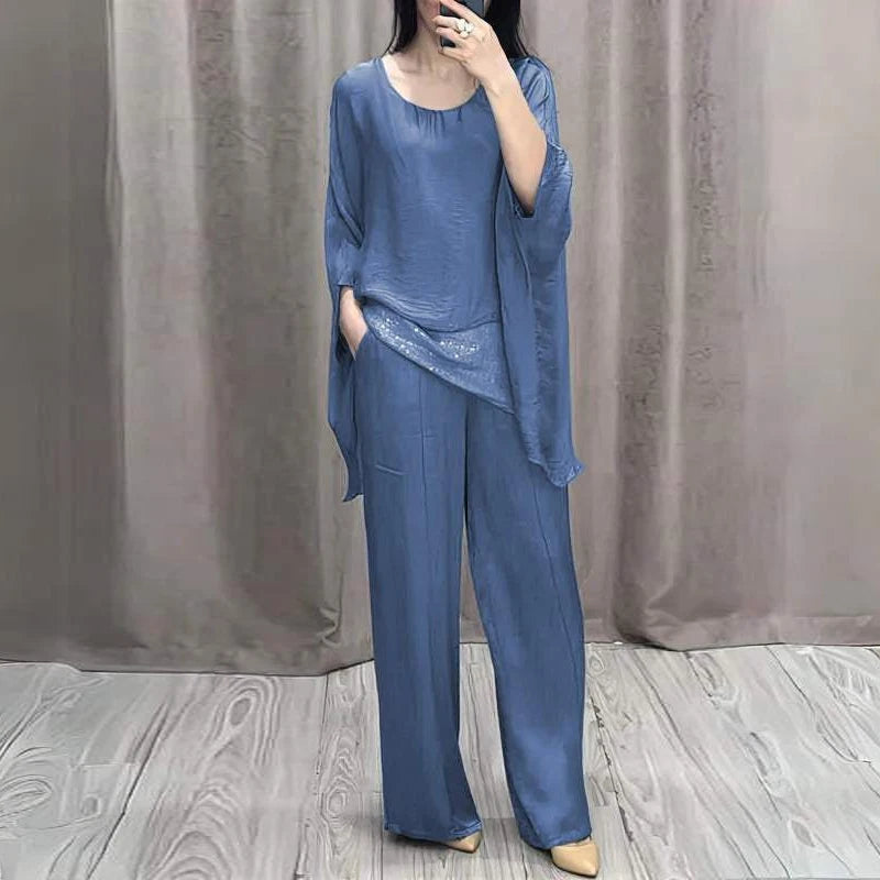 Spring Retro Patchwork Sequin Outfit Women Casual Round Neck Top Pullover & Long Pants Set Summer Batwing Sleeve Loose 2pcs Suit
