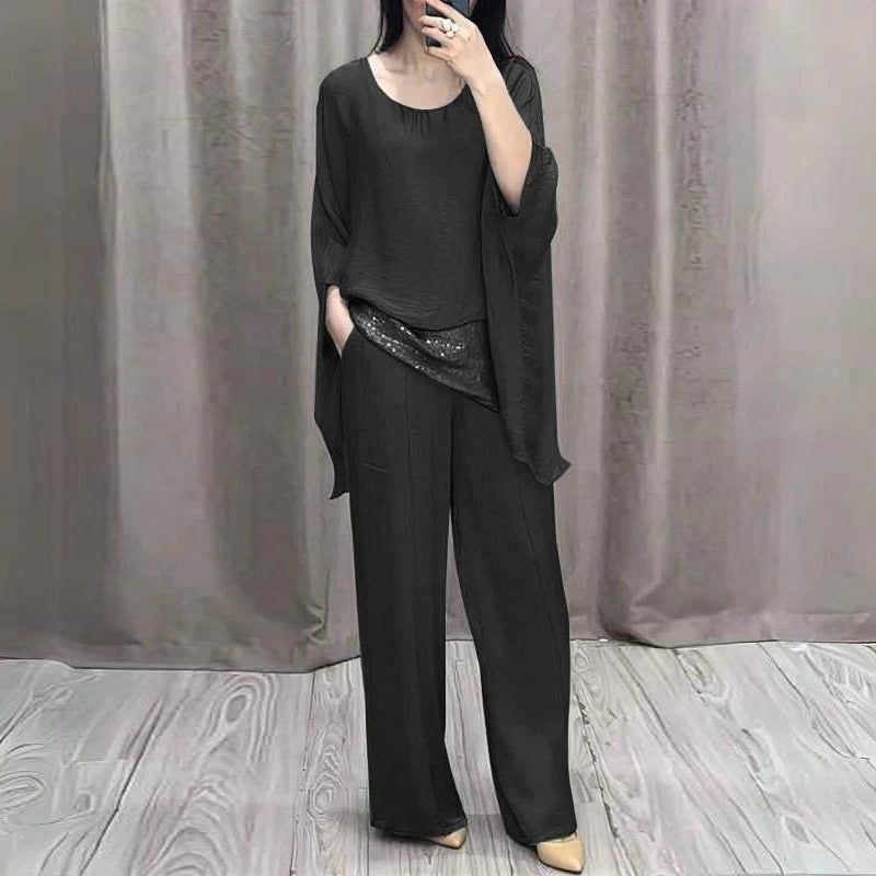 Spring Retro Patchwork Sequin Outfit Women Casual Round Neck Top Pullover & Long Pants Set Summer Batwing Sleeve Loose 2pcs Suit