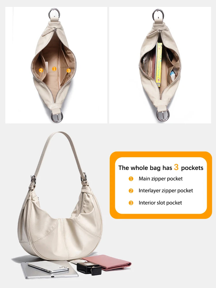 Zency Women Genuine Leather Hobo Bags Shoulder Crossbody Large Capacity Handbag With Two Straps Zip Pockets 2024