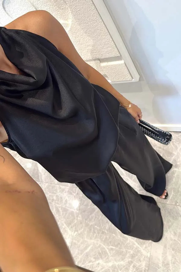 Summer Women Casual Satin Solid Color Commuting Suit Simple Loose Outfit Fashion O-neck Sleeveless Top and Long Pants 2pcs Set