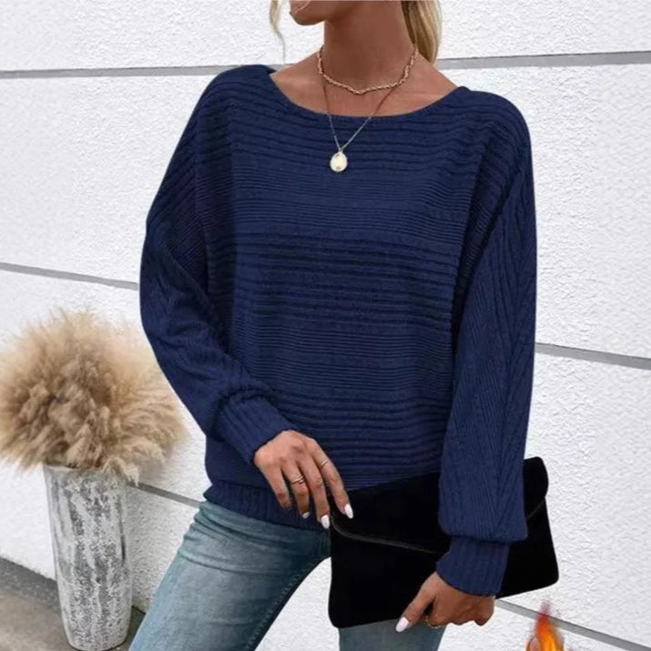 Khaki Casual Ladies T-shirt Round Neck Pullover Long Sleeved Groove Striped Bat Sleeve Splicing Solid Color T-shirt Top New 2025
