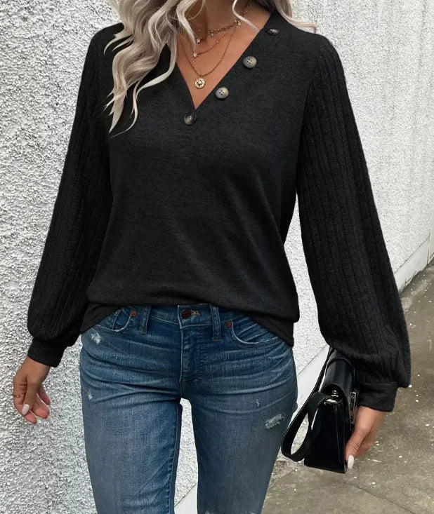 2025Popular2025New European and American Style Autumn New Button Decoration PatchworkVCollarTWomen's Pullover T-Shirt