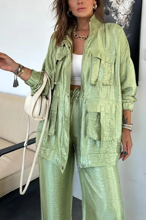 Metallic Women 2 Piece Set Solid Cargo Loose Coats Wide Leg Pants Matching Two Piece Suit Spring Autumn Fashion Street Outfits