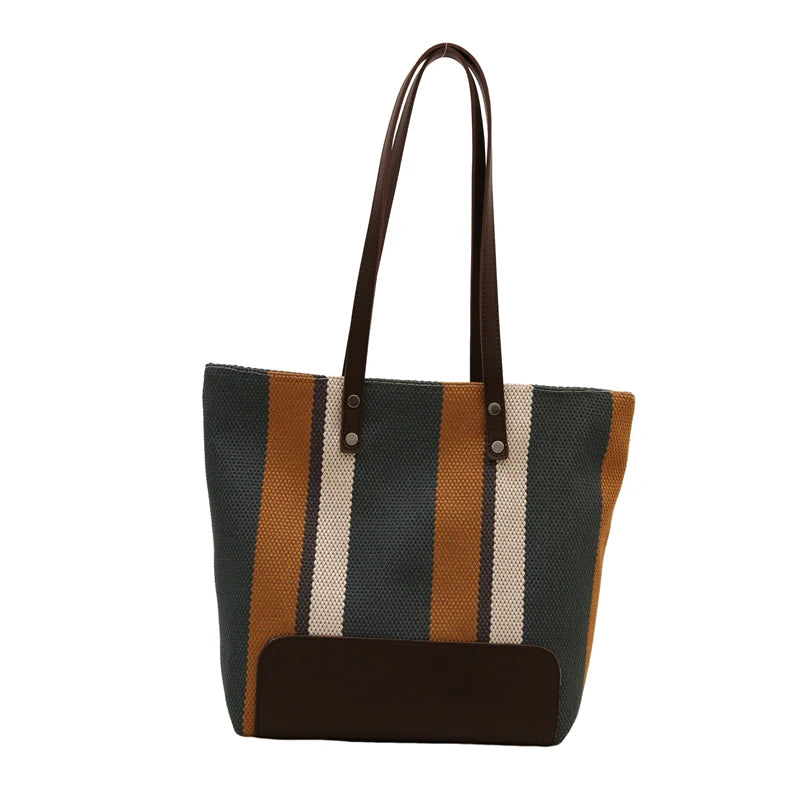 Women Canvas Tote Bag Striped Shoulder Bag Trendy Large Capacity Satchel Bag for Work Travel Shopping