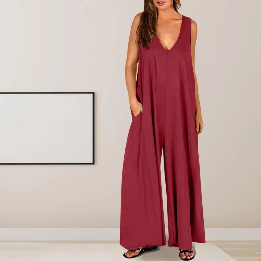 Mono de Color liso para mujer, mono de pierna ancha, mono elegante de verano para mujer con corte bajo, cuello en V, pierna ancha plisada, suelto para usar