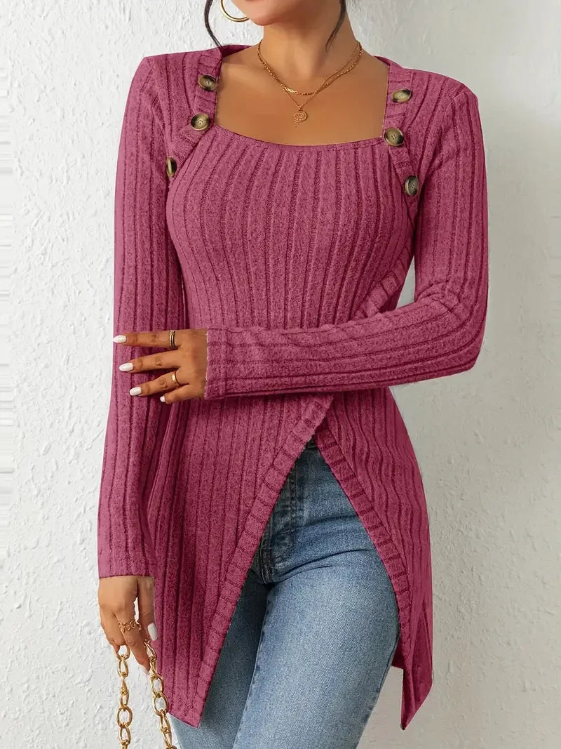 2025 Women's Button  Asymmetrical Hem T-Shirt Casual Fashion Square Neck Solid Long Sleeve Top For Spring Fall Women Clothing