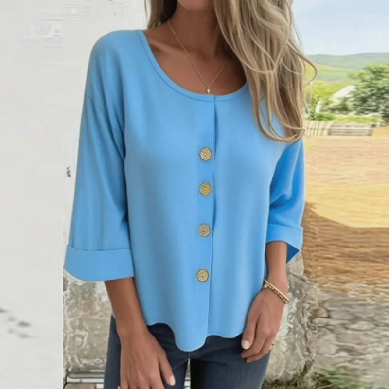 Simple Fashion Solid Cotton Linen Blouse Woman Elegant Crew Neck Button Top Pullover Autumn 3/4 Sleeve Loose Female Shirt Blusas