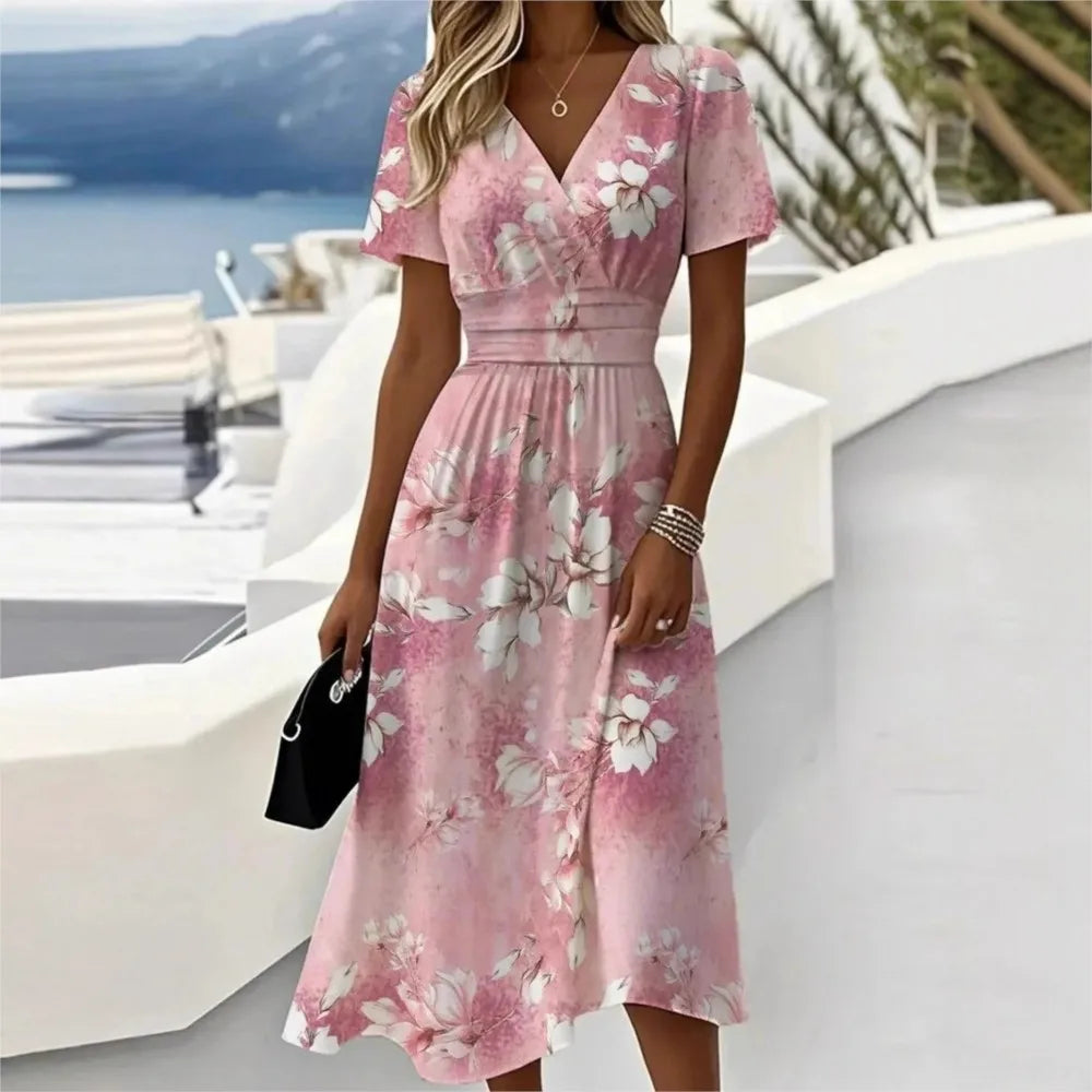 2025 Summer Fashion Women Print Dress Short Sleeve V Neck Slim Waist A-line Dress High Sweet Elegant Commuter Women Clothing