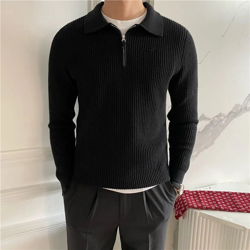 England Solid Color Polo Shirts Spring Autumn Waffle Long Sleeve Men's Clothing Polo-Neck Fashion Zipper Casual Knitted T-shirts