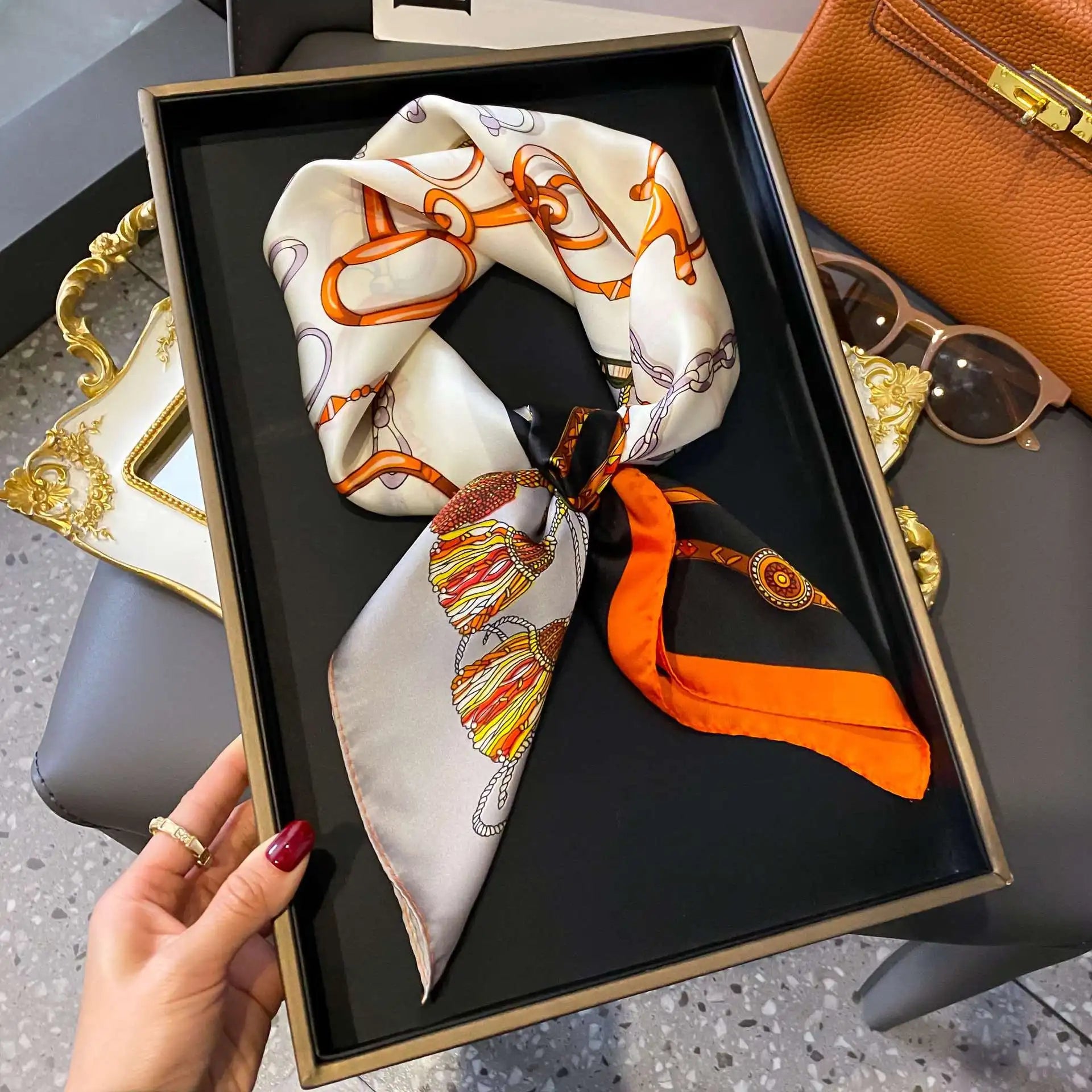 Luxury Brand Horse Print Skinny Silk Square Scarf For Women Soft Satin Neckerchief Scarves Bag Ribbon Female Foulard Hairband