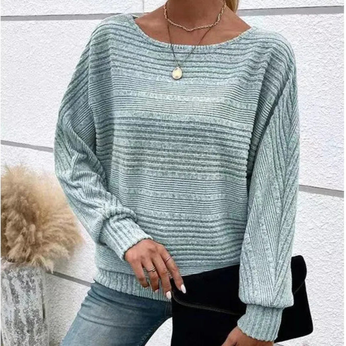 Khaki Casual Ladies T-shirt Round Neck Pullover Long Sleeved Groove Striped Bat Sleeve Splicing Solid Color T-shirt Top New 2025