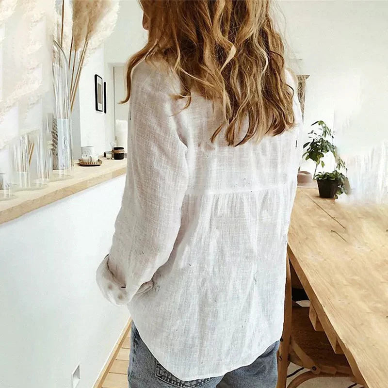 Camisas de verano para mujer, camisas de lino y algodón para primavera, Blusas informales con solapa y botones lisos, Tops holgados y elegantes de manga larga, Blusas tipo túnica