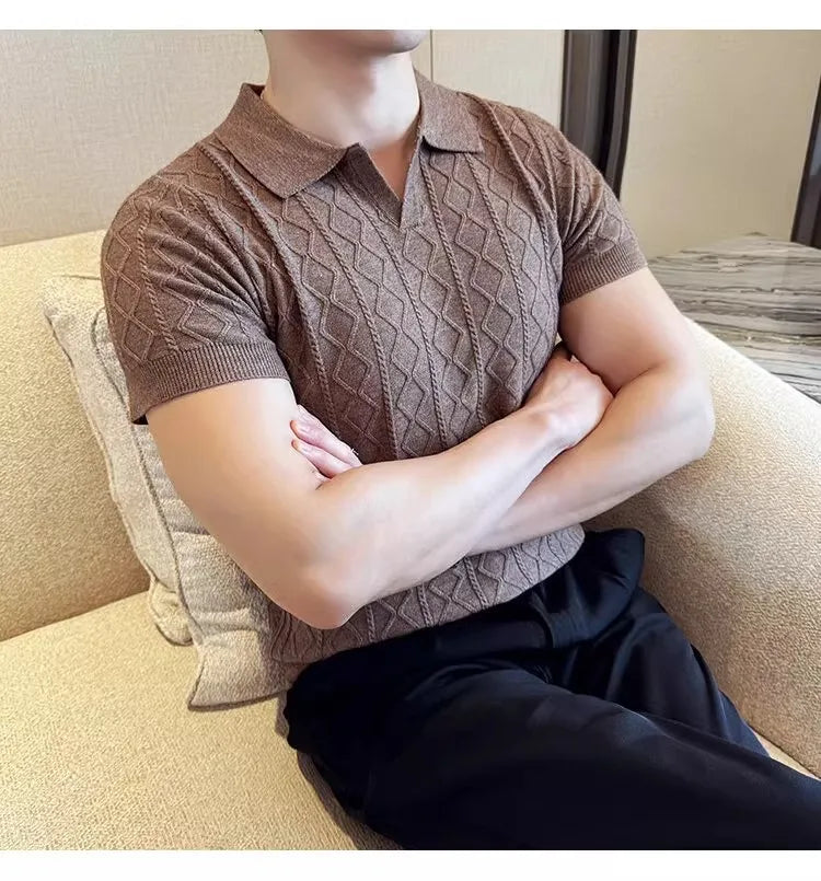 Summer Knitted Solid Color V-Neck Quick Drying Breathable Cool Business Slim Fit Casual Men's Golf Polo Shirt T-Shirt Top