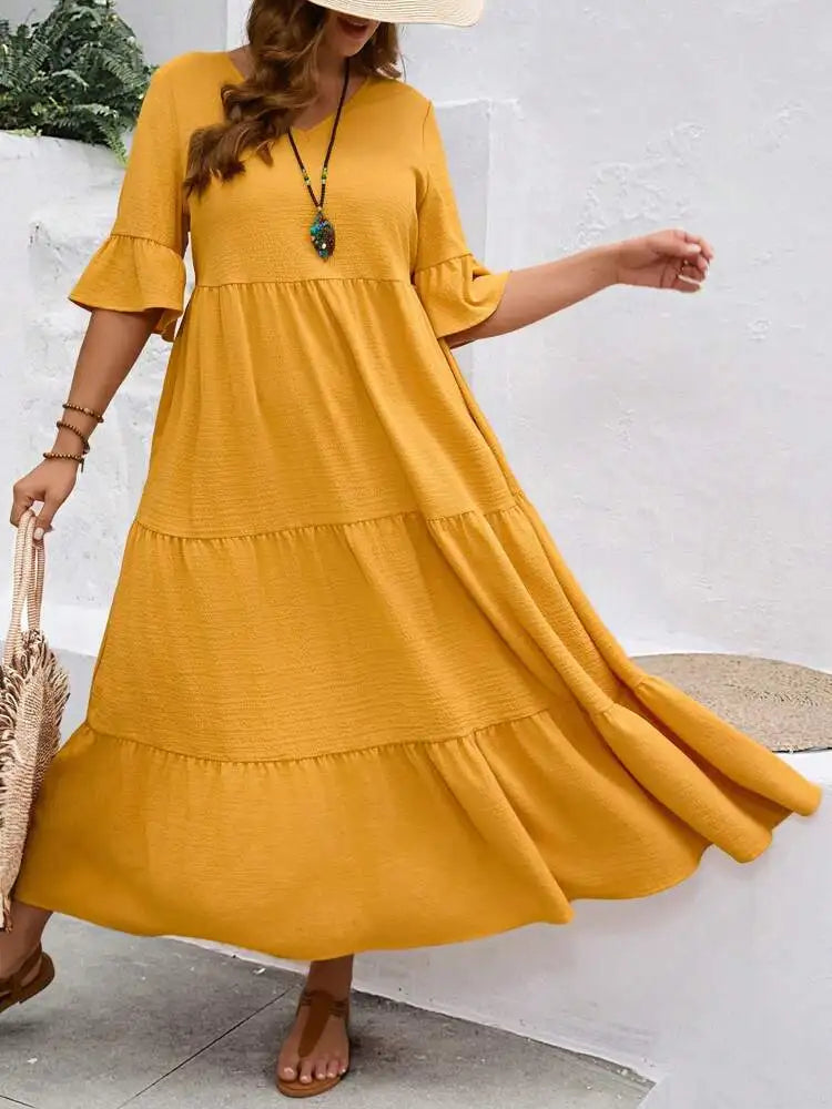 2024 Spring and Summer New Large V-neck Splicing Multi color Multi plus size Long Style Large Swing Dress