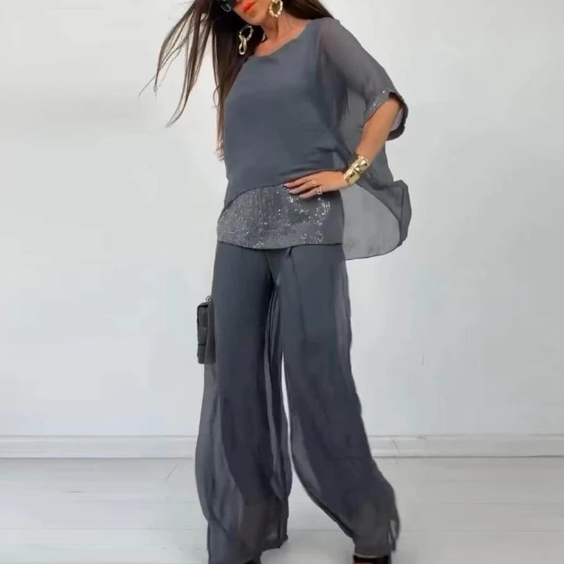 Spring Splicing Sequin Chiffon Set Women Casual Round Neck Top Pullover & Wide Leg Pants Suit Summer Batwing Sleeve Loose Outfit