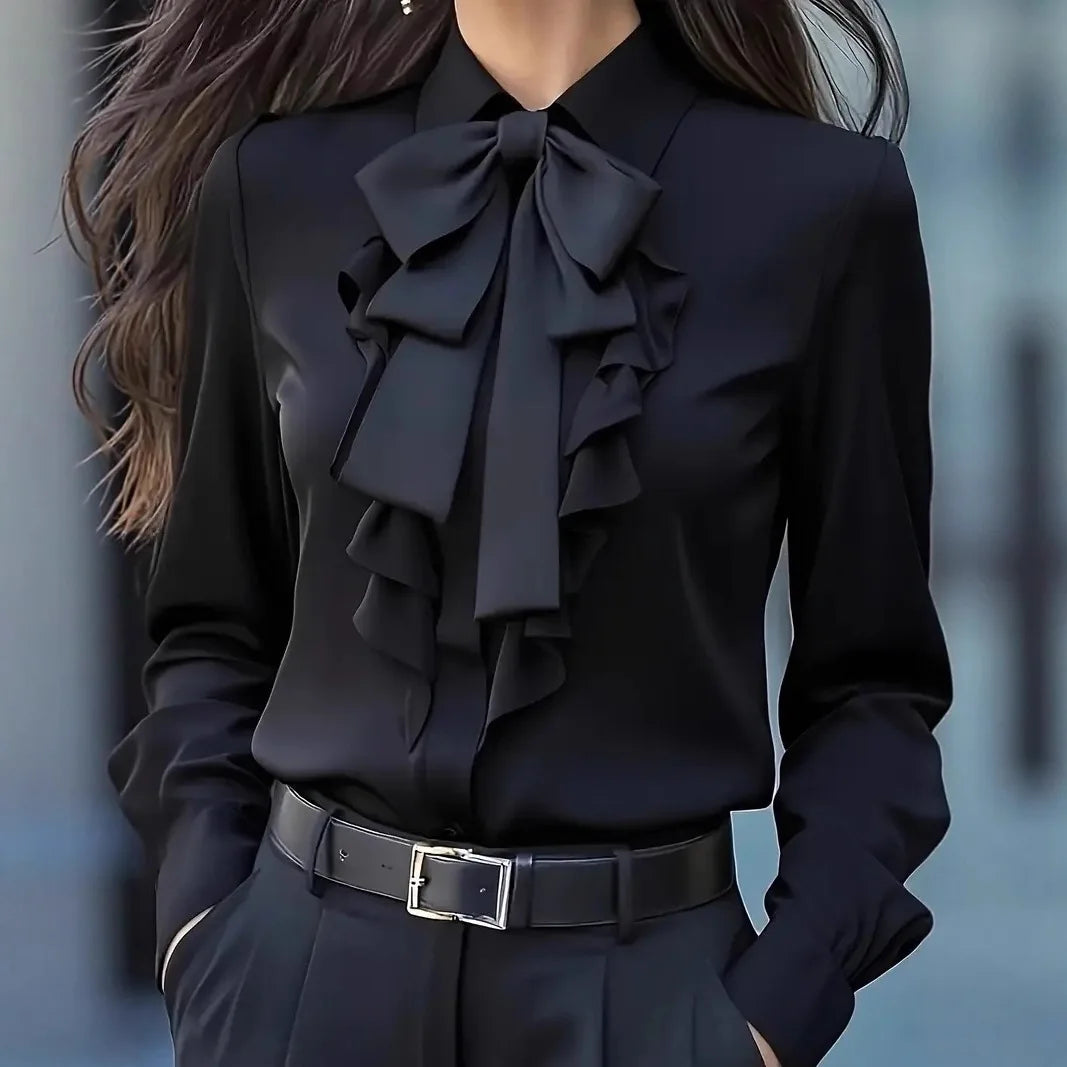 Women Casual Long Sleeve Blouse Elegant Lapel Bow Loose Shirt Spring Autumn Solid Office Lady Tunics Streetwear Oversize Tops