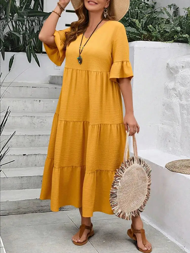 2024 Spring and Summer New Large V-neck Splicing Multi color Multi plus size Long Style Large Swing Dress