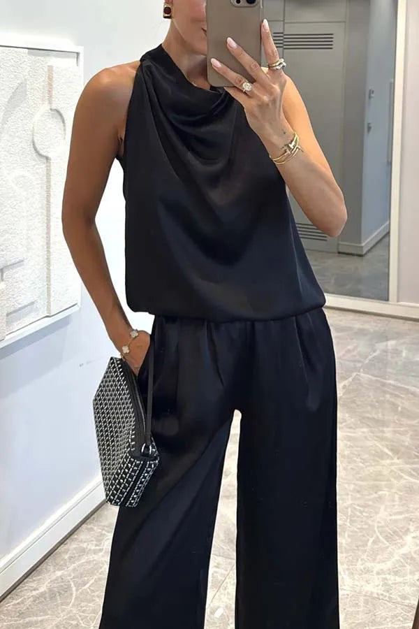 Summer Women Casual Satin Solid Color Commuting Suit Simple Loose Outfit Fashion O-neck Sleeveless Top and Long Pants 2pcs Set