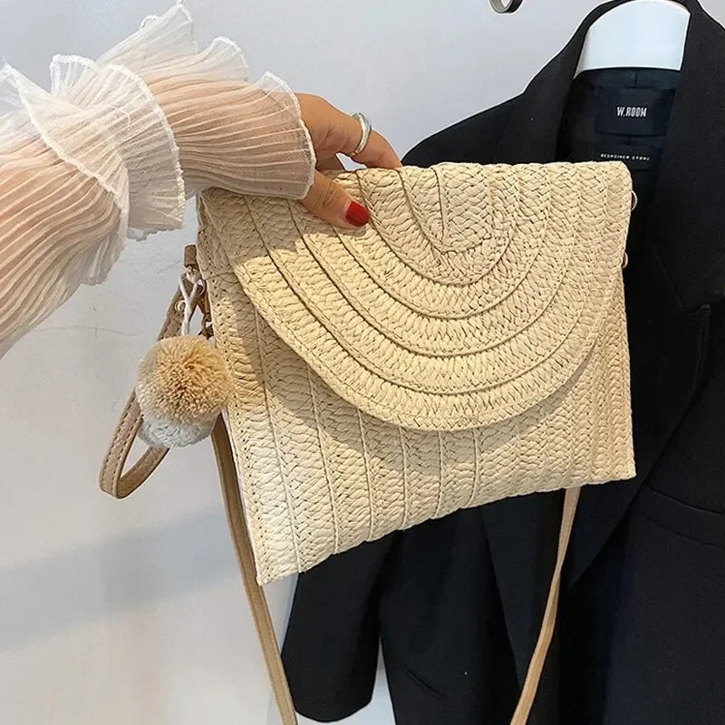 Handmade Straw Beach Shoulder Crossbody Bag Girls Envelope Woven Summer Small Hair Ball Cluth