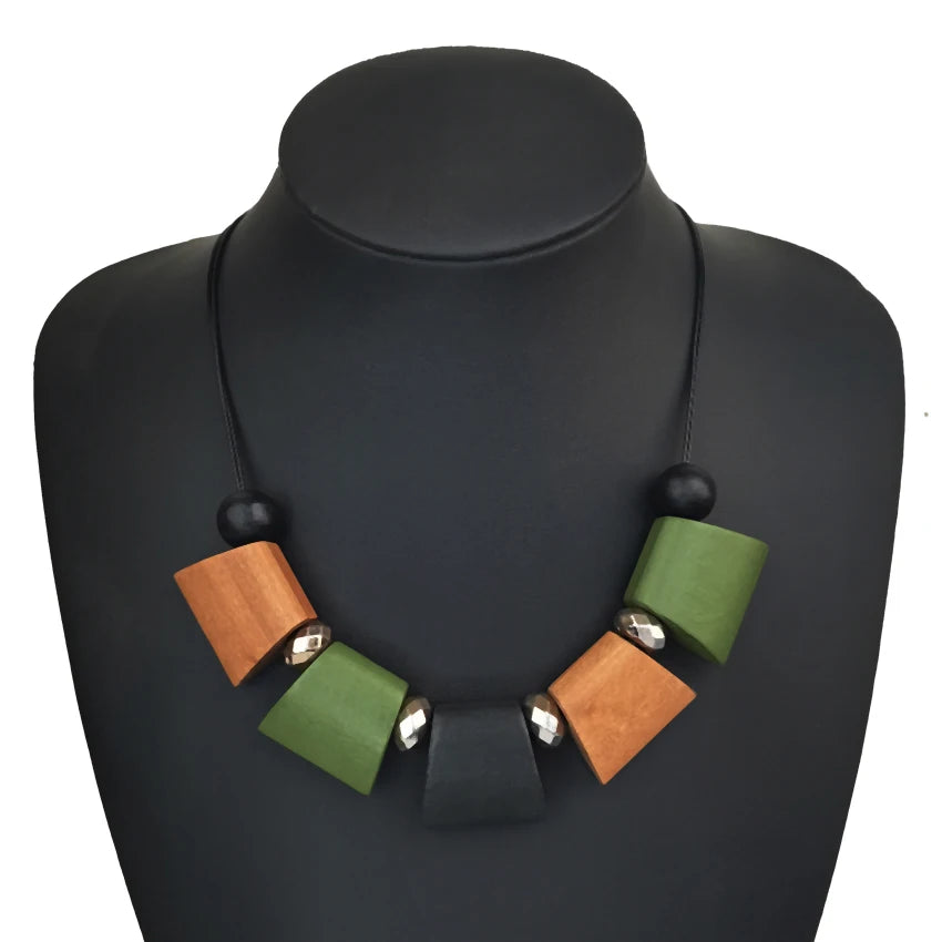 Women Vintage Ethnic Statement Bib Necklace Geometric Ladder Wood Beads Necklaces Pendants New Fashion Collar Neck Jewelry