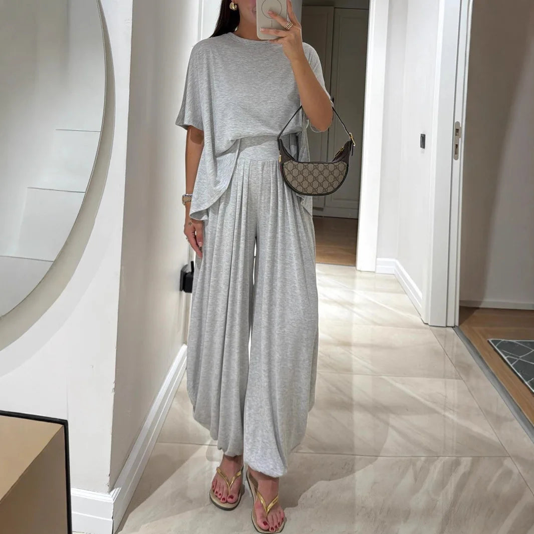 Casual T Shirt Short Sleeved Women's Top 2 Piece Set Summer Elegant Fashion Loose High Waist Wide-leg Trousers Female Pants Sets