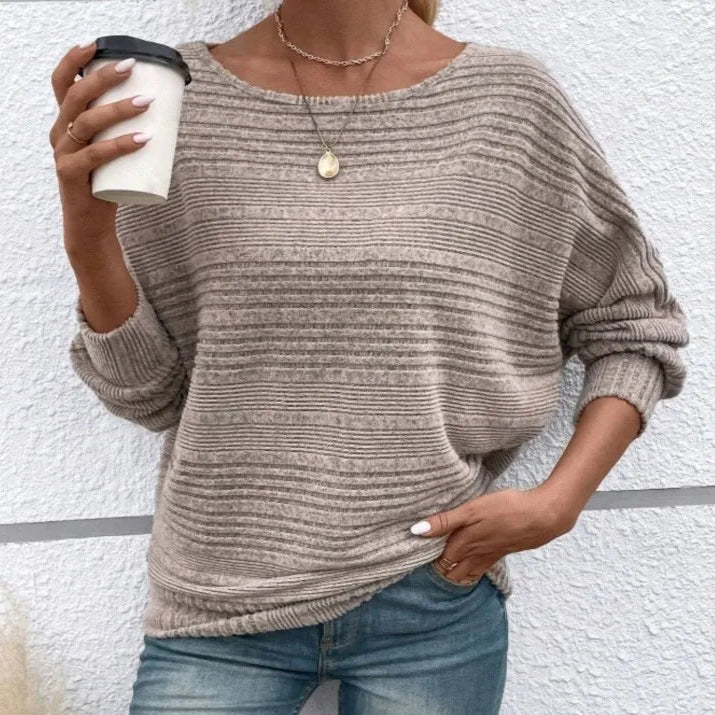 Khaki Casual Ladies T-shirt Round Neck Pullover Long Sleeved Groove Striped Bat Sleeve Splicing Solid Color T-shirt Top New 2025