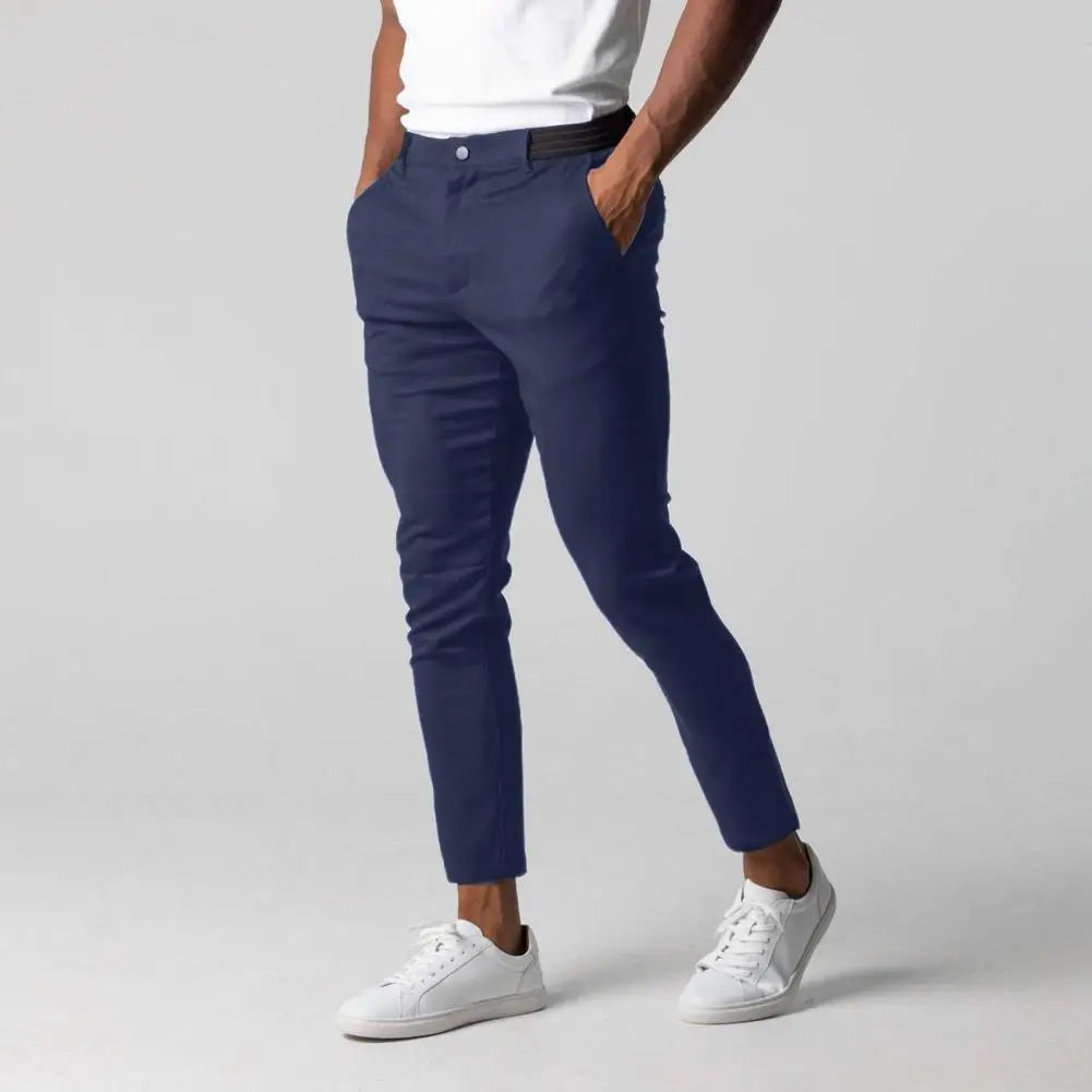 Solid Color Pants Elegant Slim Fit Men's Business Trousers with Elastic Waist Button Closure Pockets Solid Color for Comfort