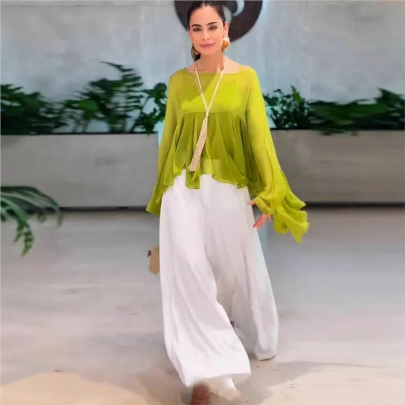 2025 New Temperament Commuter Women's Set Fashion Solid Color Loose Long Sleeve Top Casual Simple Wide-leg Pants Two-piece Set