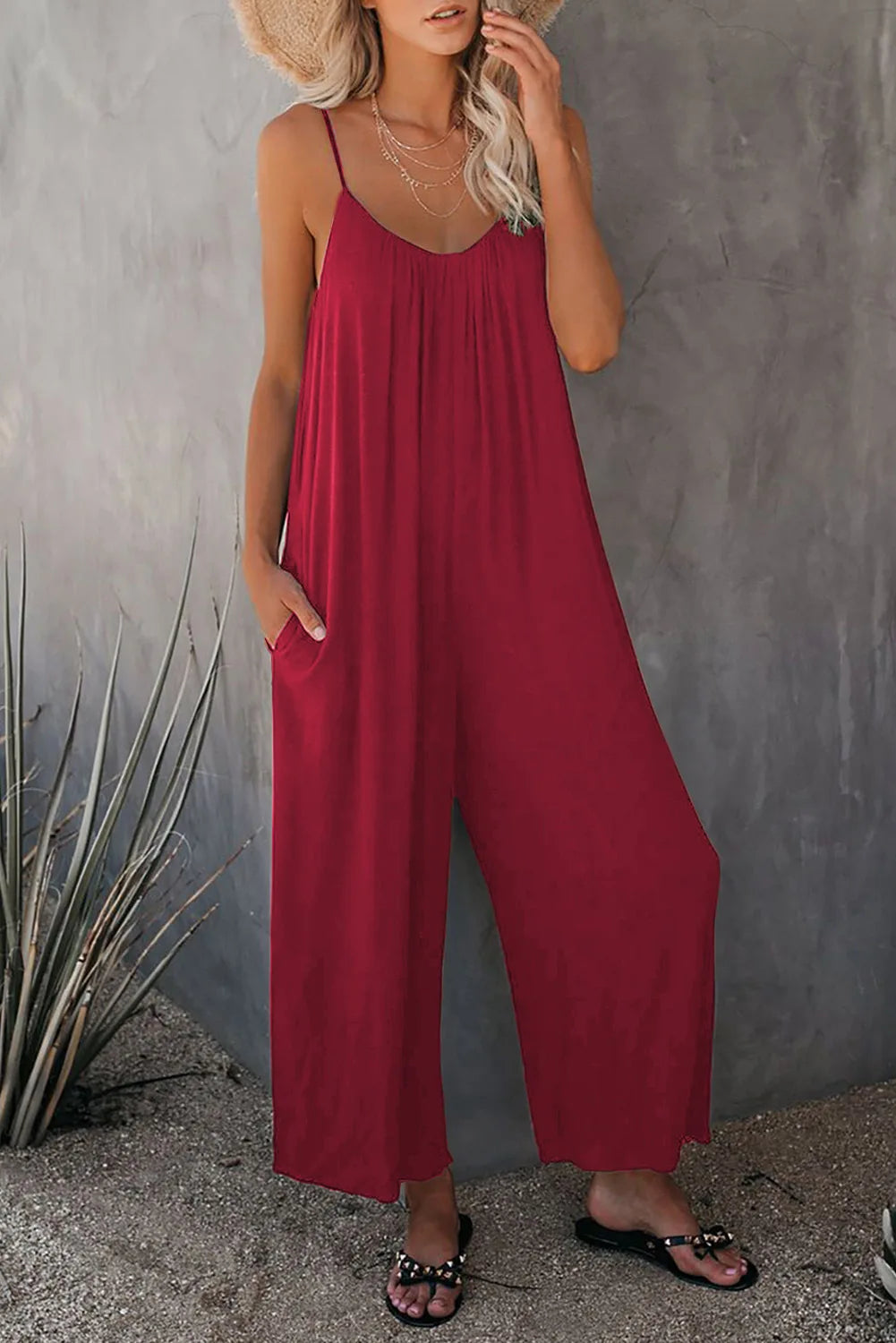 Mono de camisola para mujer, peto holgado informal con bolsillo de Color liso, rojo sin mangas, Sexy, versátil, novedad de verano 2024