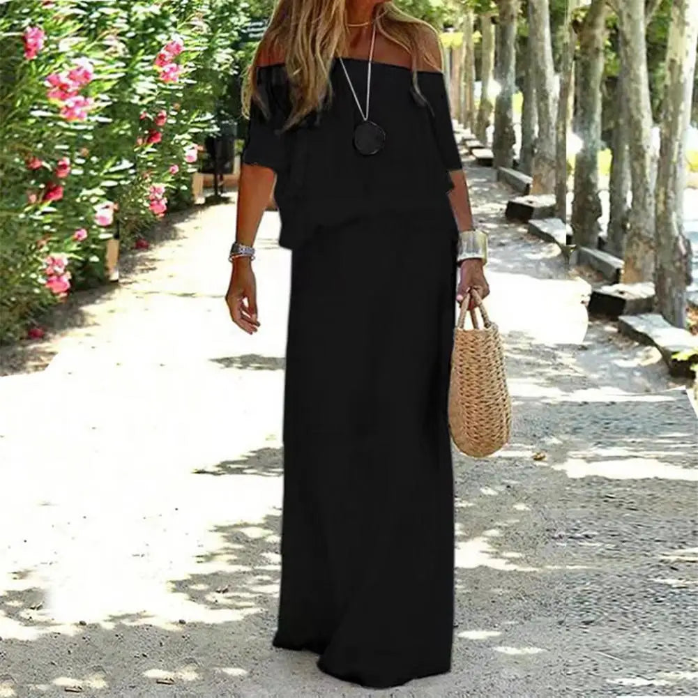 Casual Dress Off Shoulder Short Sleeve Elastic Waist Women Dress Solid Color Loose Cut Slim Party Dress