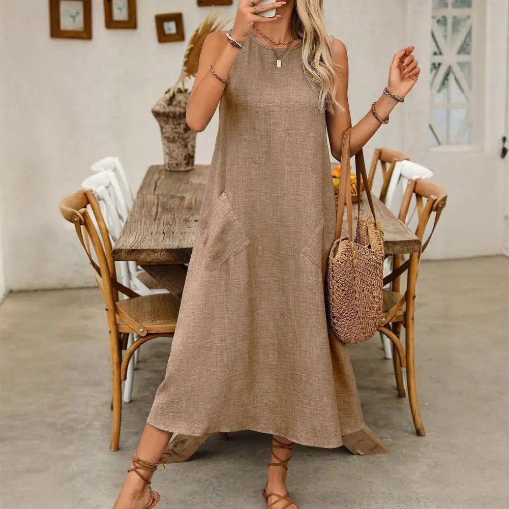Women Fashion Solid Color Crew Neck Sleeveless Long Dress Dress Women's Maxi Dresses with Pockets for Summer Beach Vacation