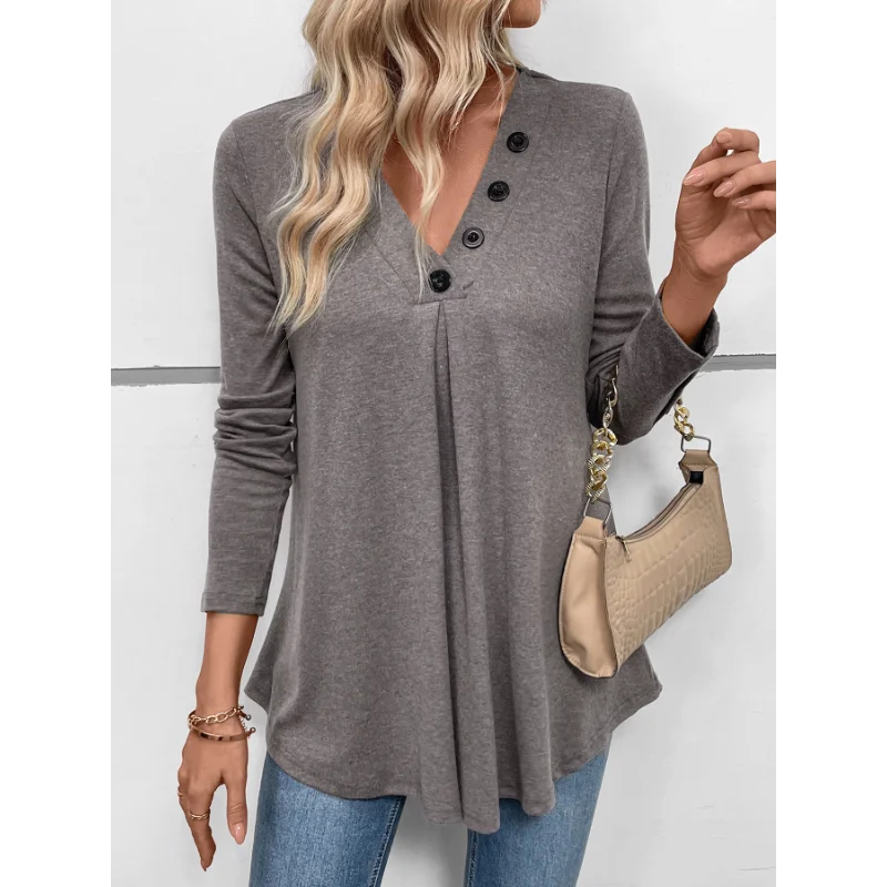 New Autumn Casual Top Mid-length V-neck Solid Color Long-sleeved T-shirt for Women
