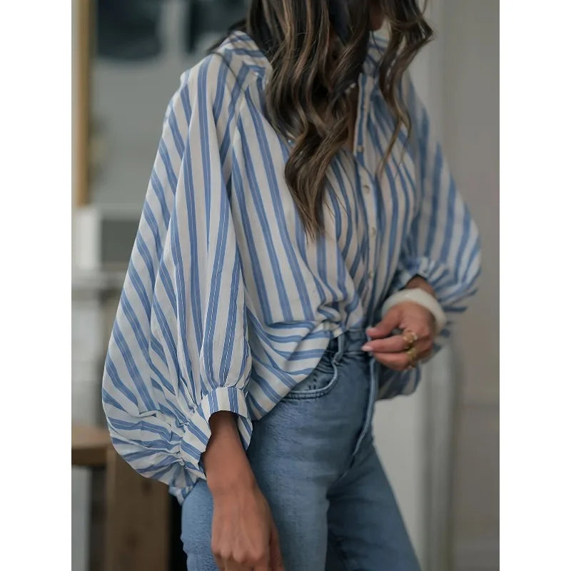 Plus Size 1XL-5XL New Women's Casual Striped Shirt Fashion Long Sleeve O Neck Button Loose Shirts Top